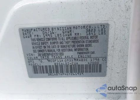 2016 Nissan Sentra Sv z USA, uszkodzony, nr VIN 3N1AB7AP4GY261959